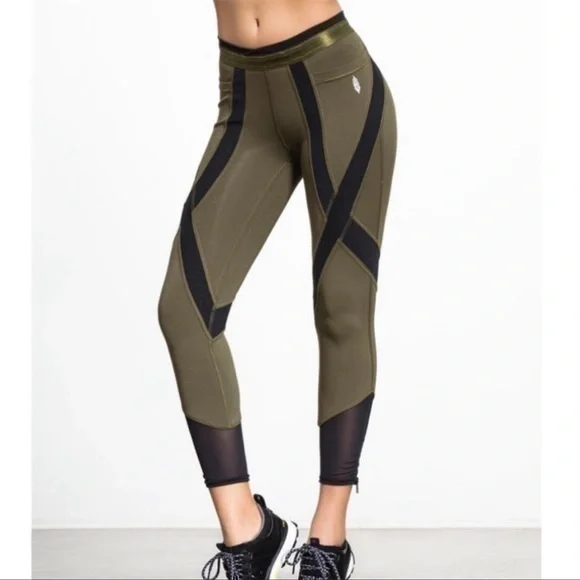 Free People • Movement Mesh Panel Zipper Ankle Army Green Leggings S