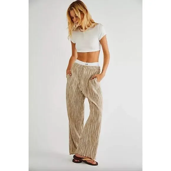 Free People tan white stripe Marta cotton straight leg raw frayed hem trousers