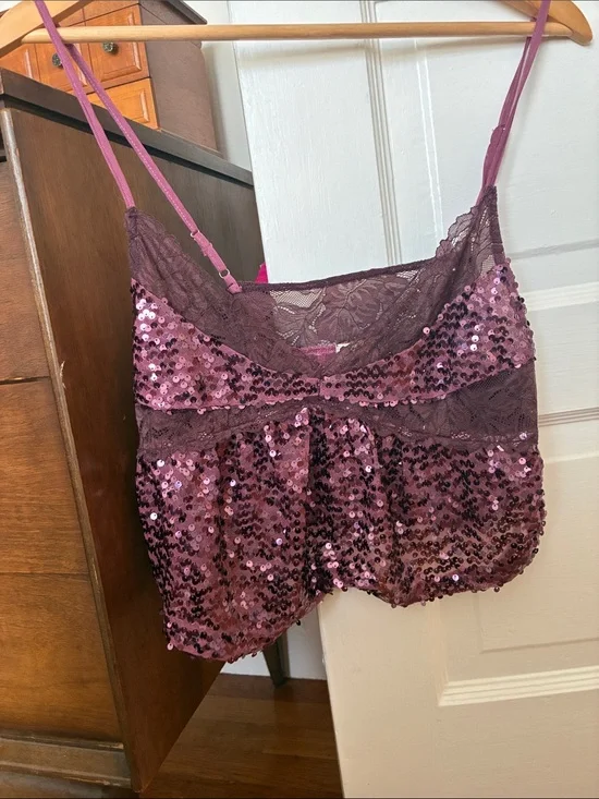 Free People Wine Pink Sequin Lace Cami Tank