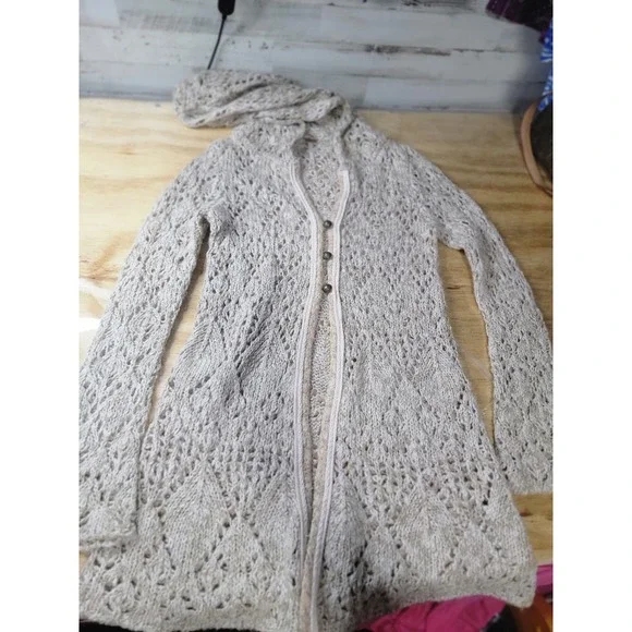 ♡Free People Womens Beige Pointelle Knit Hooded Cardigan Long Sweater XS