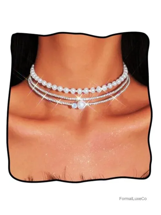 Layered Pearl Rhinestone Choker Necklace Adjustable Chain Wedding Prom Jewelry