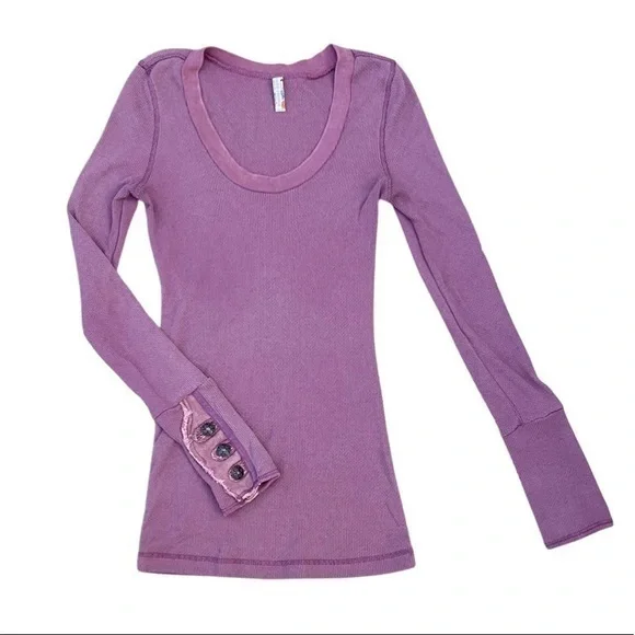 Free People • Motor Button Cuff Long Sleeve Thermal Top Mamba Dark Rose Pink M