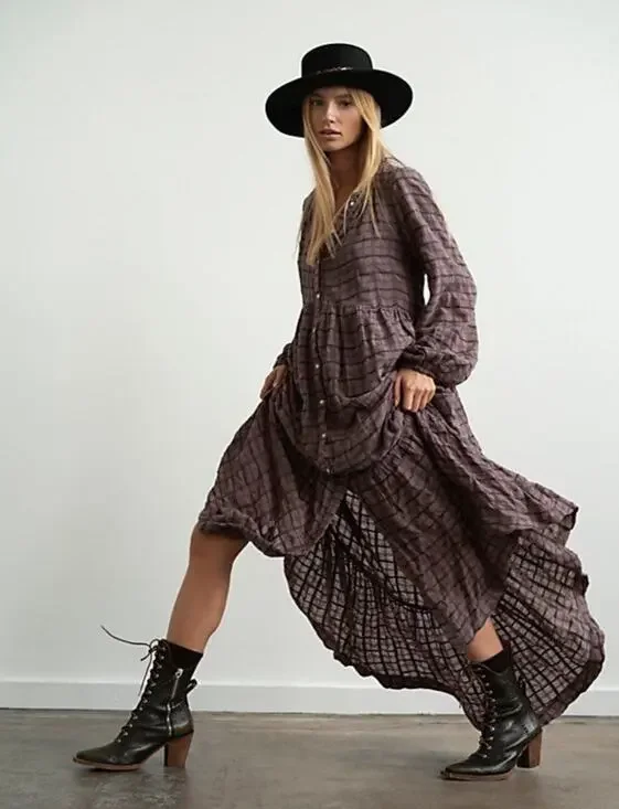 Free people Brown Plaid Button Down Edie Flannel Dress