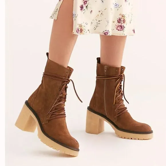 Free People Dylan Lace-Up Boots Platform Heel Brown Suede NWOB EU 40 US 10