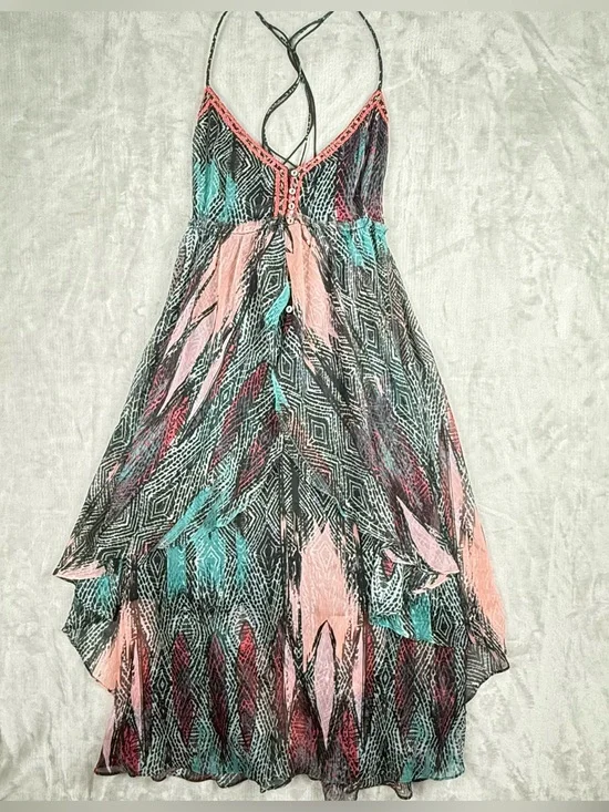 Free People Printed Hi Low Handkerchief Maxi Dress Crisscross Back