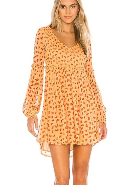 Free People M Golden Orange Floral Mini Dress Smocked Metallic Long Sleeve Boho
