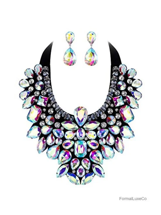 Rhinestone Crystal Statement Necklace Earrings Set Jewelry for Women