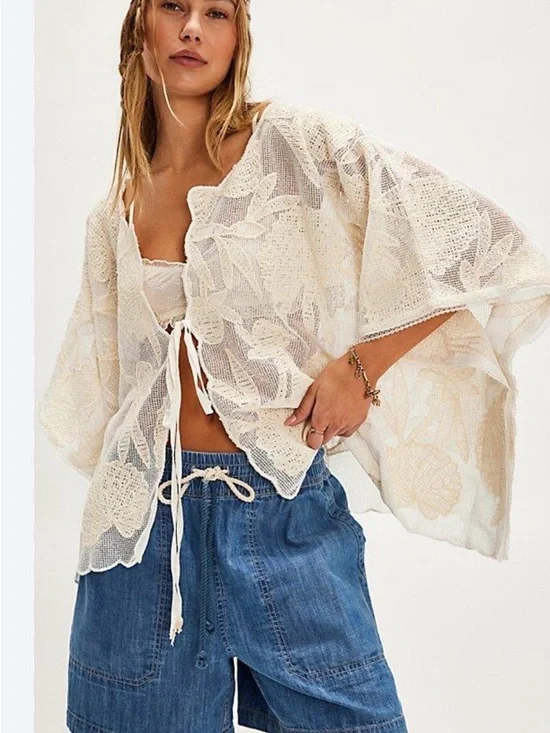 Free People Cream Crochet Labeled Knit Overlay