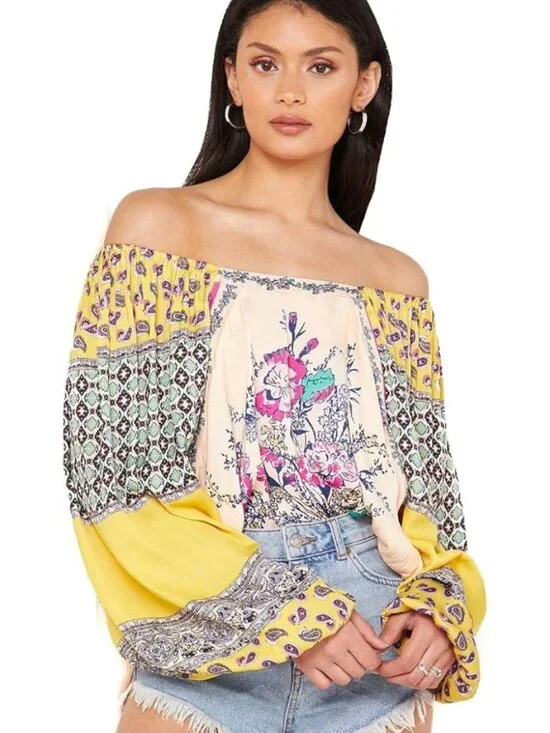 Free People Positano Blouse Printed Off-The-Shoulder Pullover Top Orange Size XS