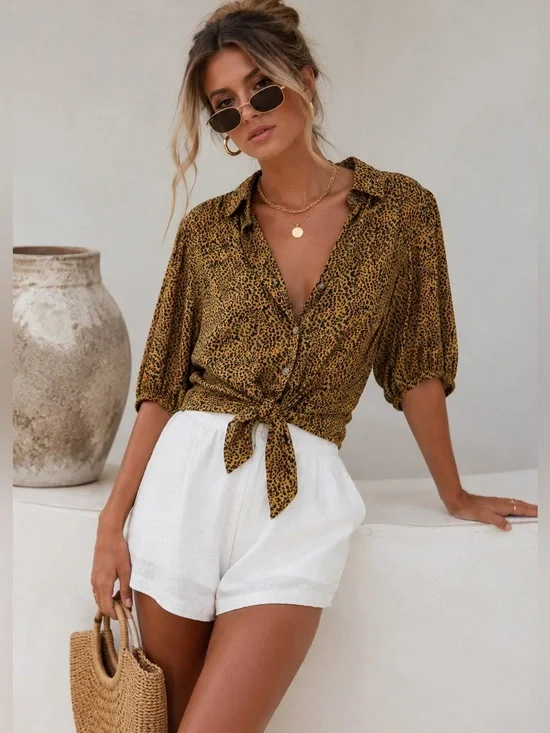 🍂🐆 FREE PEOPLE Leopard Print Tie Front Blouse – Size XS 🐆🍂