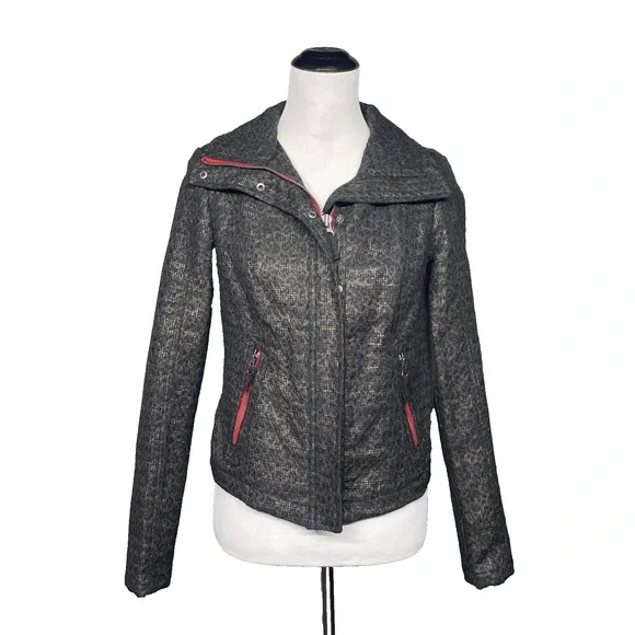 FP We The Free Moto Jacket Sz 4 Textured Tweed Grey Red Zip Edgy Biker Cool Girl