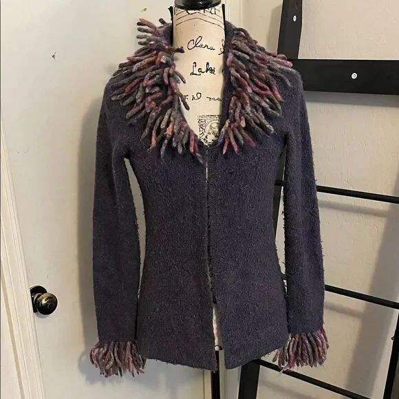 Free People Y2K Purple Wool Blend Multicolor Yarn Fringe Cardigan Sweater Boho