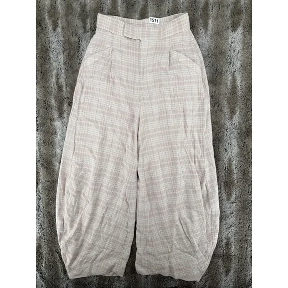 Free People Tegan Barrel Leg Trousers Light Pink Plaid - Cotton - Size 2