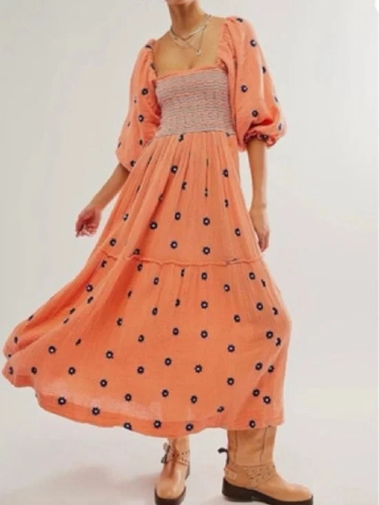 Free People Dahlia Embroidered Maxi dress Coral Strands Combo Orange Blue D