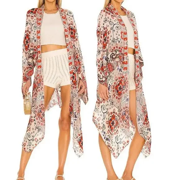 Free People Little Wing Paisley Kimono Boho Duster Open Front Festival