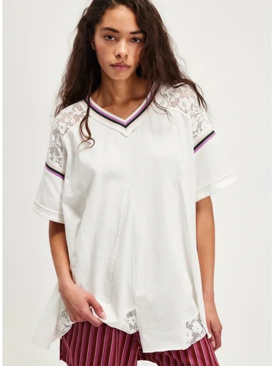 NWOT Free People Knockout Tee lace panels & sporty striped trim Size-XS
