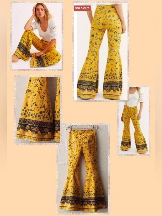 🆕 Free People Flare Floral Paisley Printed Float On Jeans Sz 27 70s Vintage Boho