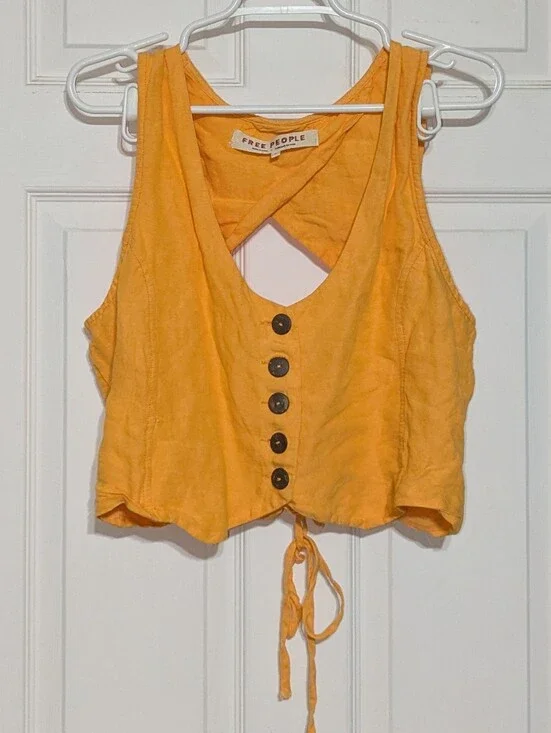 Free People Riesling Cropped Linen Vest Top Yellow Orange Lg