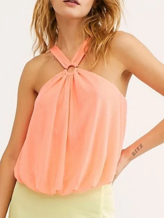 Free People Jusr A Fling Coral Electric Halter Ring Ribbed Bubble Top Size Large