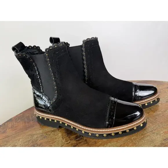 Free People Black Suede Chelsea Ankle Boots Patent Cap Toe Studded EU 38 US 7.5