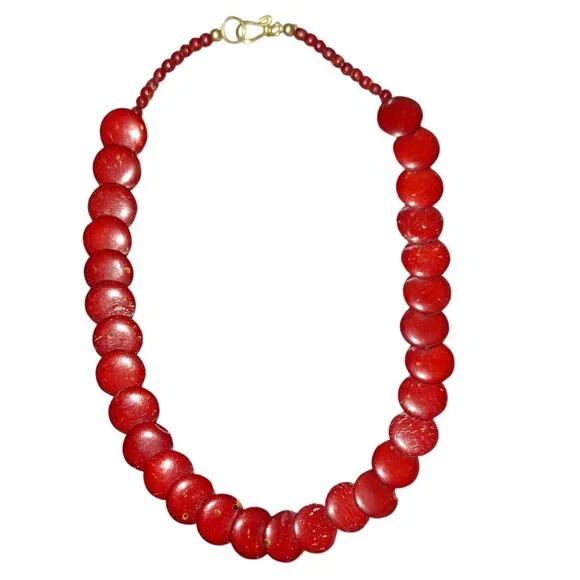 Vintage Cherry Red Coral Coin Bead Necklace‎ - Retro 50s
