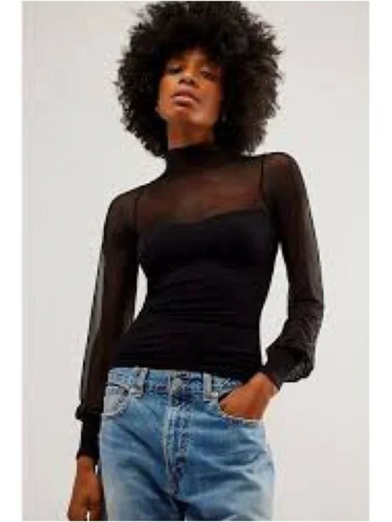Free People Black Sheer Mock Neck Long Sleeve Top