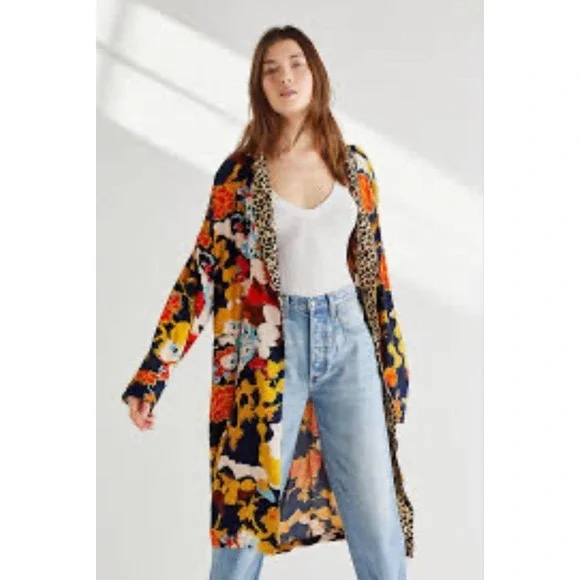 Womens Free People Wild Nights Leopard Colorful Open Front Duster Jacket