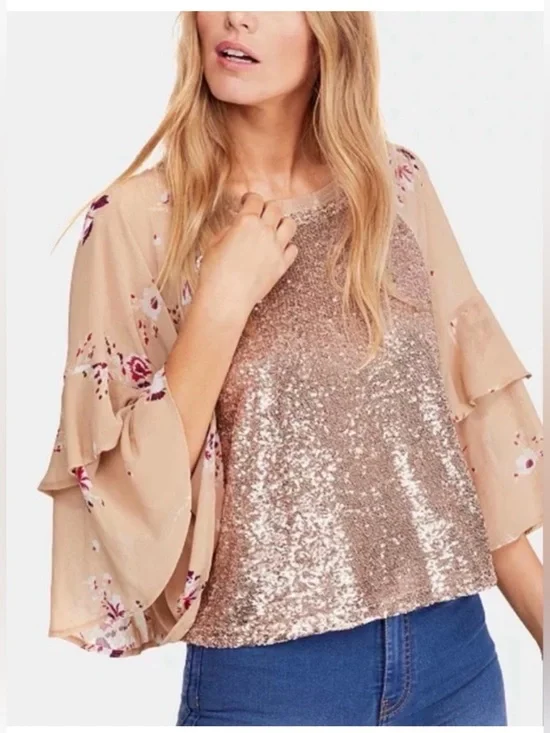 Free People Shimmy & Shake Sequined Floral Bell Sleeve Pullover Top