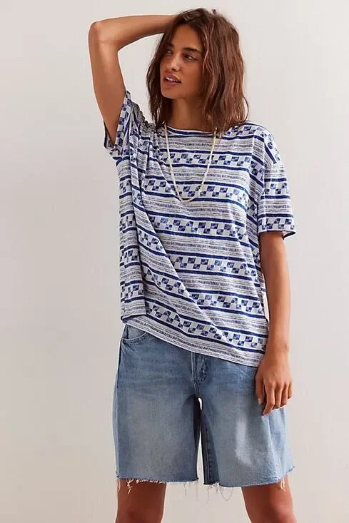 Free People We the Free Blue Geometric Boho Printed Nina Oversized Tee XS NEW