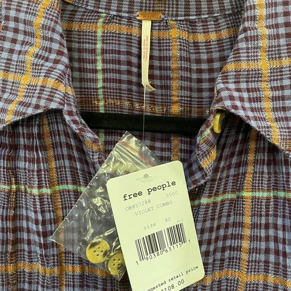 Free People NWT ruffle Women's plaid button‎ shirt XS multicolor
