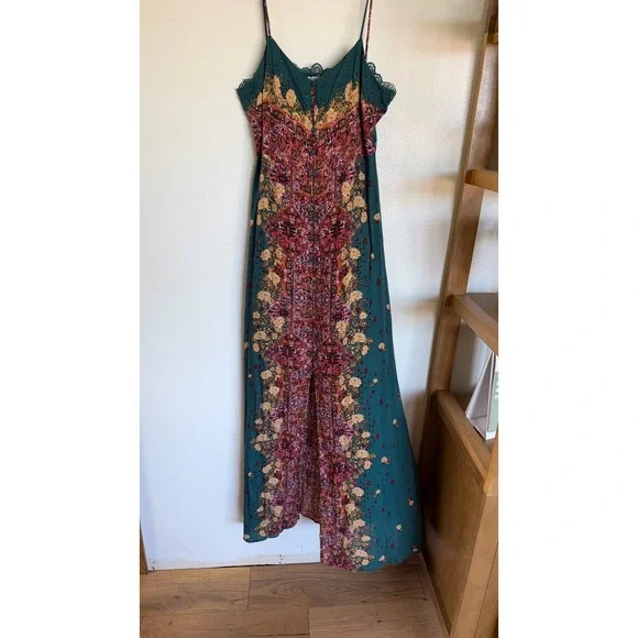 Free People Teal Floral Maxi Slip Dress with Lace Back