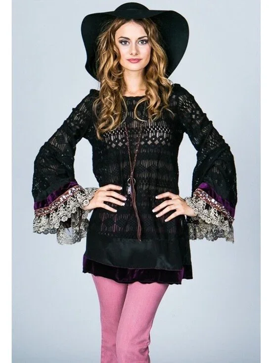 RARE Free People Black Lace Tie Dyed Velvet Sequin Bell Sleeve Tunic Mini Dress
