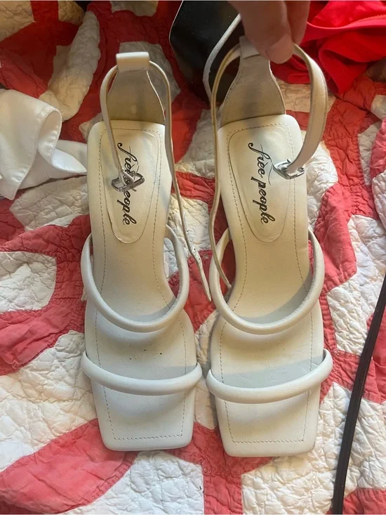 Free People White leather Strappy Square-Toe Slingback Heels