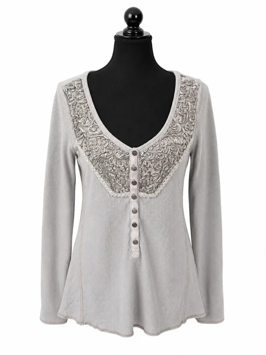 Free People Waffle Knit Embellished Henley Top Gray Boho Thermal Long Sleeve M