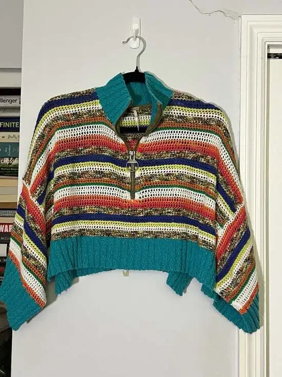 Free People Make Me Happy Striped Crochet Half-Zip Cropped Sweater