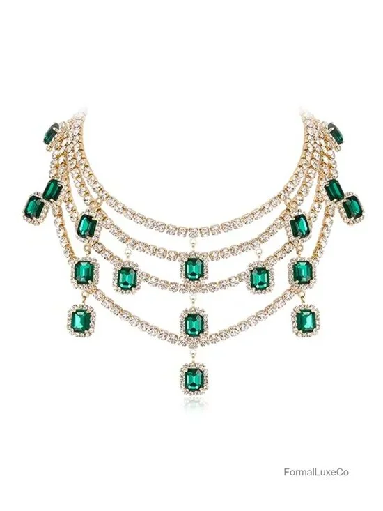 Vintage Rhinestone Layered Chunky Collar Necklace, Glitter Crystal Statement