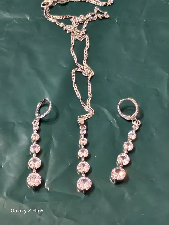 Sterling Silver Cubic Zirconia Drop Necklace and Earrings Set - Silver