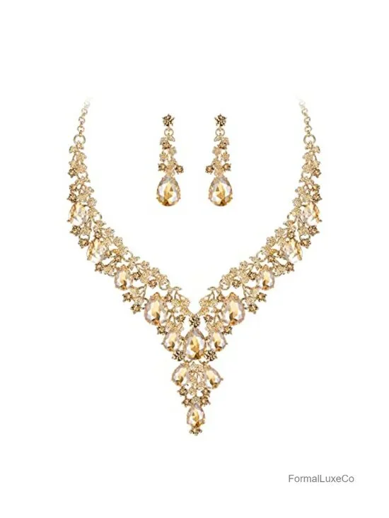 Austrian Crystal Teardrop Flower Cluster Statement Necklace & Earrings Set