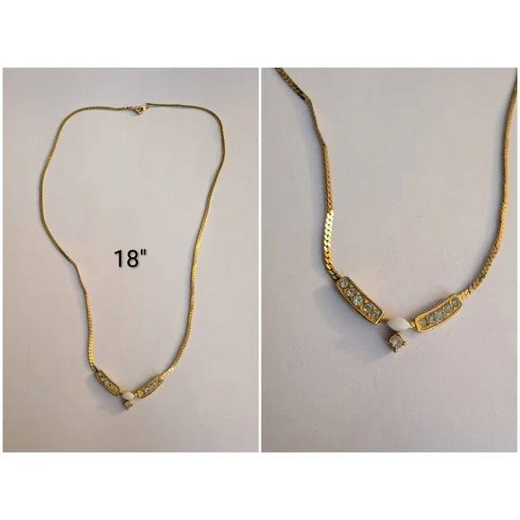 Vintage Gold Tone Herringbone Rhinestone White Cabochon V Pendant Necklace 18in