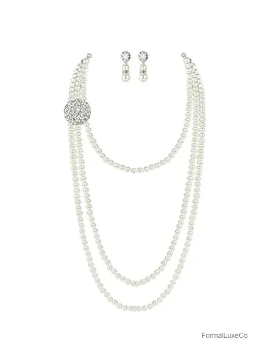 Multilayer Imitation Pearl Necklace & Earrings Set with Brooch