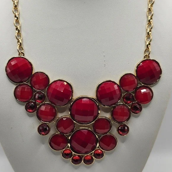 New York & Company Red‎ Faceted Bead Gold Tone Bib Statement Necklace