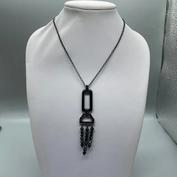 Liz Claiborne Black‎ Geometric Beaded Fringe Pendant Necklace Gunmetal Tone LC