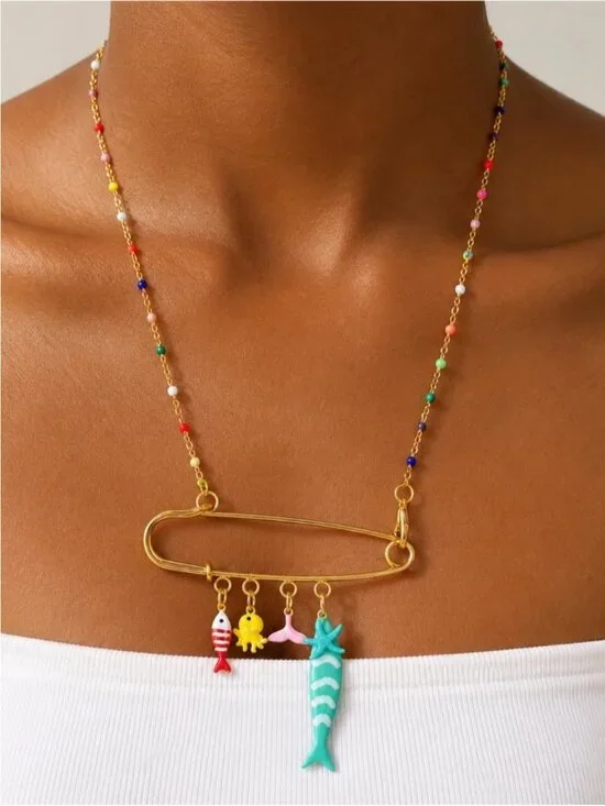 New! Coastal Colorful Safety Pin Fish Sardine Charm Necklace NWOT (1052)