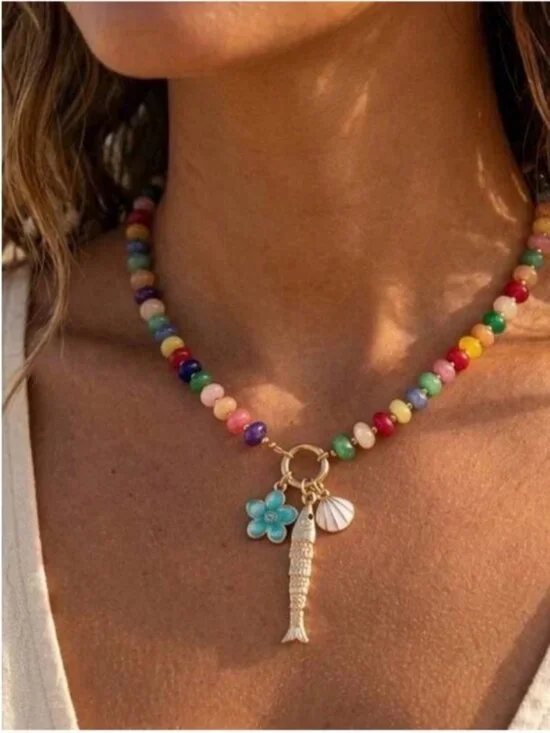 New! Coastal Colorful Beaded Gold Fish Sardine Necklace NWOT 3030