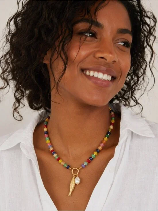 New! Coastal Colorful Beaded Gold Fish Sardine Charm Necklace NWOT 3021