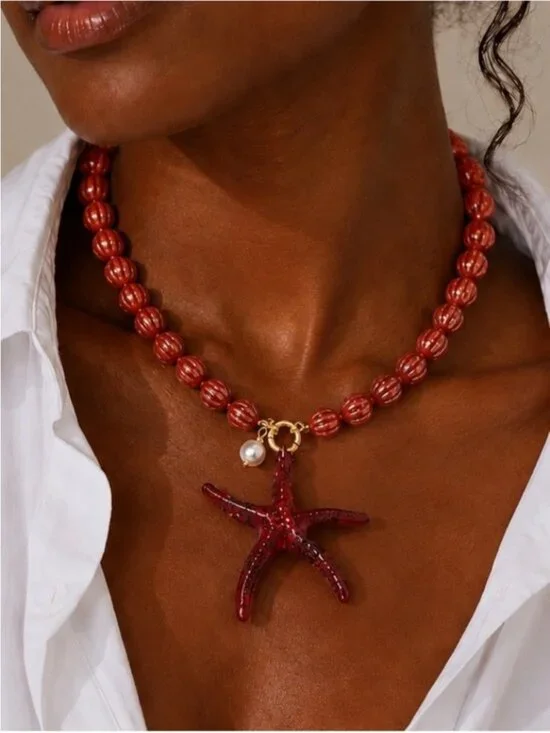 New! Coastal Red Beaded Starfish Dopamine Necklace NWOT 3032
