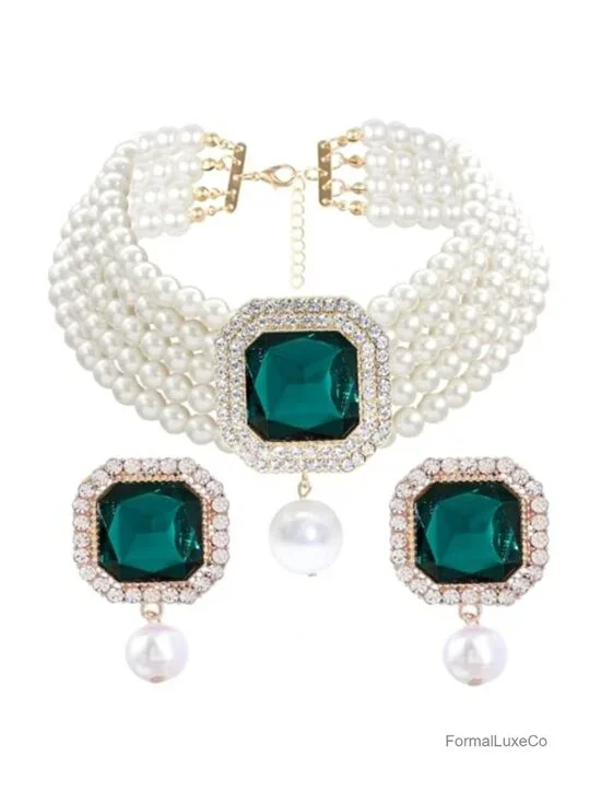 Simulated Pearl Choker Necklace and Earrings Set Rhinestone Crystal Gold-tone