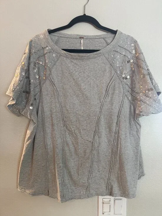 Free People Shine Me Out Sequin Embellished Sleeve Open Back Top  Small