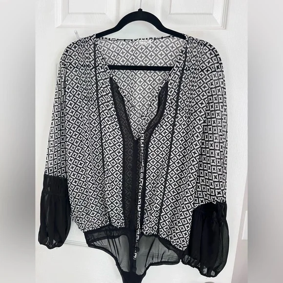 Free People Geometric Black and White Sheer Bodysuit, Size M