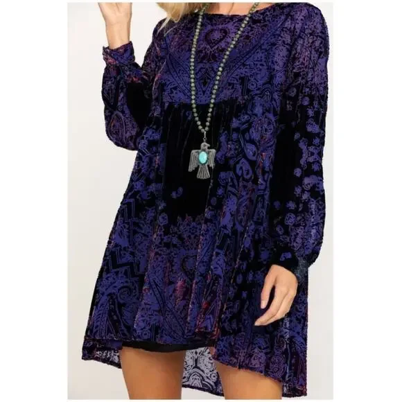 Free People Mirror Mirror Purple & Blue Velvet Mini Dress Size Medium